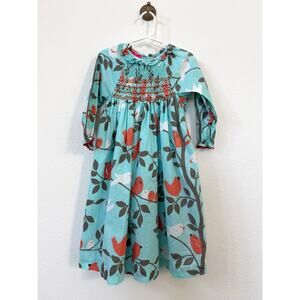 CLAIRE & CHARLIE Bird Print Hand Smocked Dress Aqua Cotton Size 4 Heirloom‎